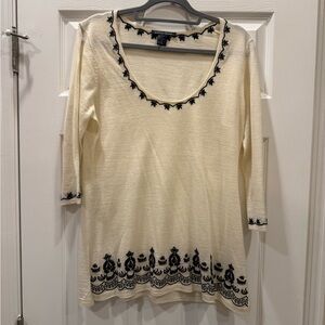 Boston Proper Cream Scoop Neck Sweater with Black Embroidery